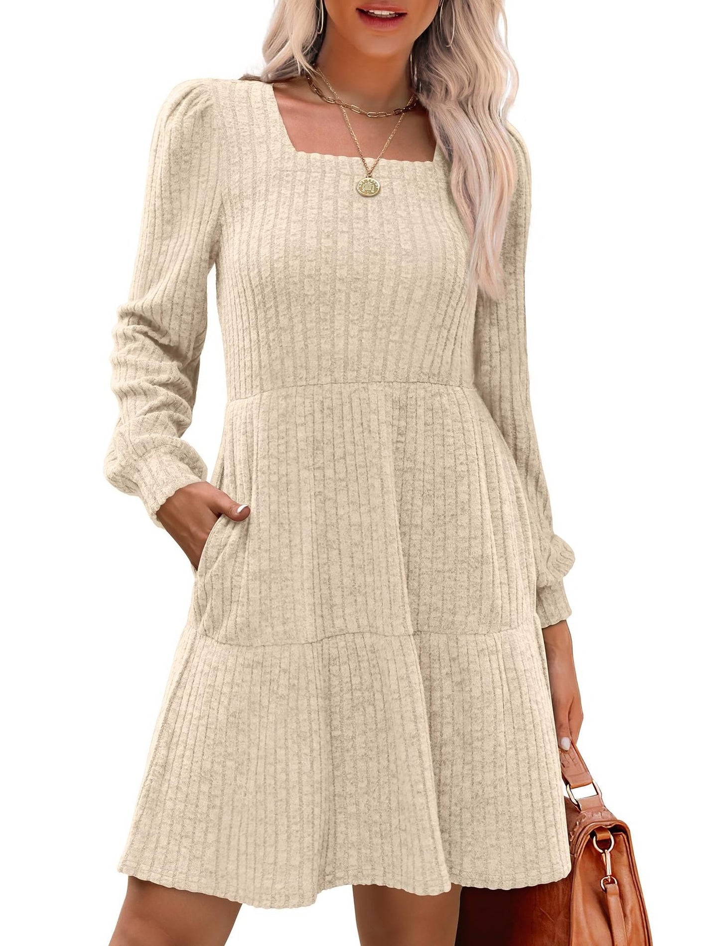 🔥Womens Square Neck Long Sleeve Fall Dresses Casual Babydoll Sweater Dress